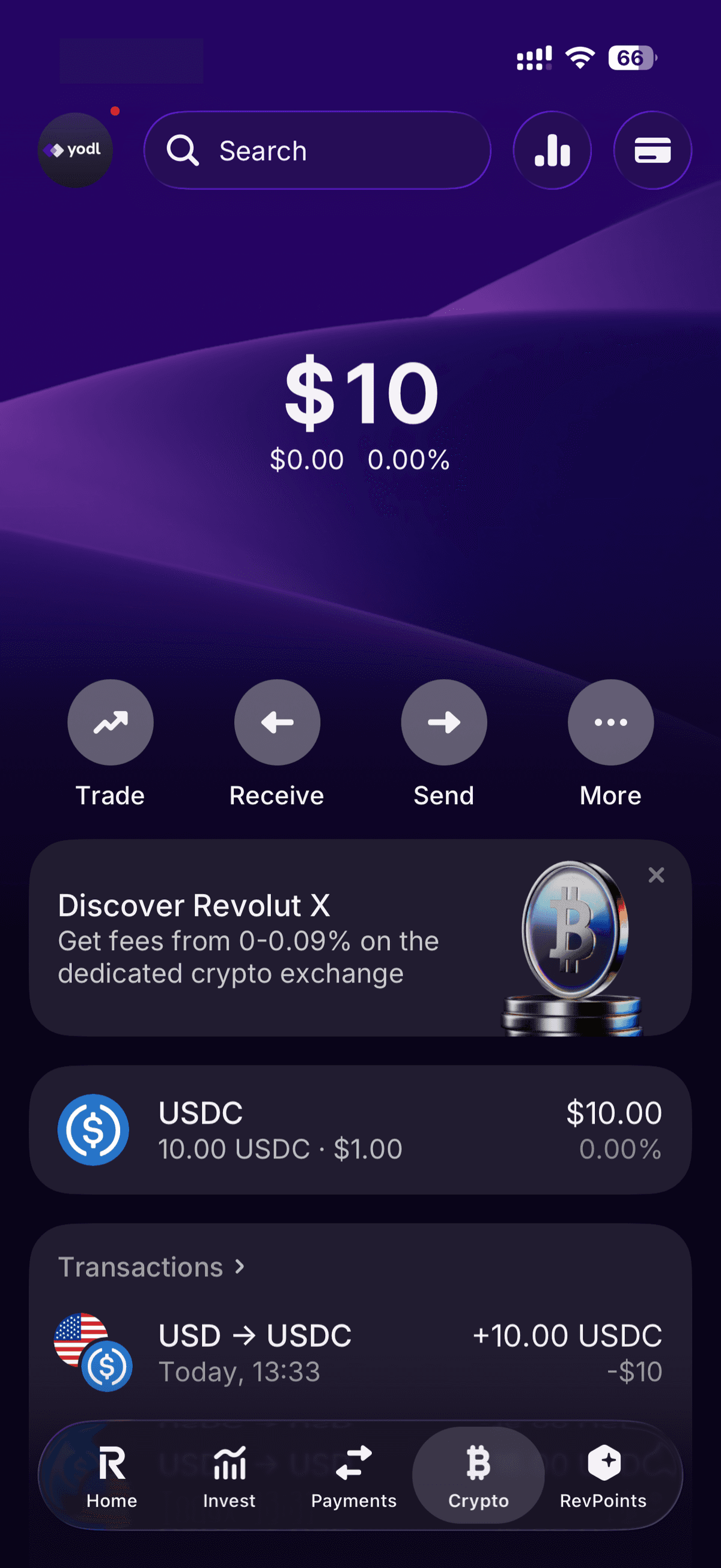 Revolut crypto hub showing USDC balance