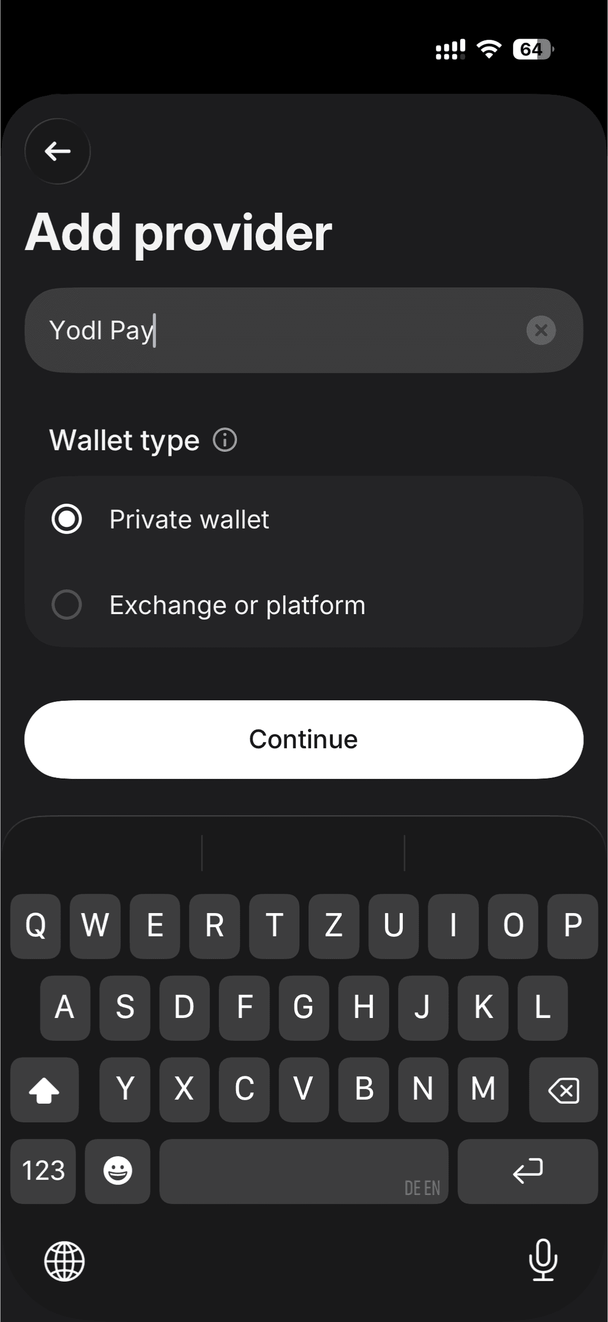 Add provider screen — enter Yodl Pay