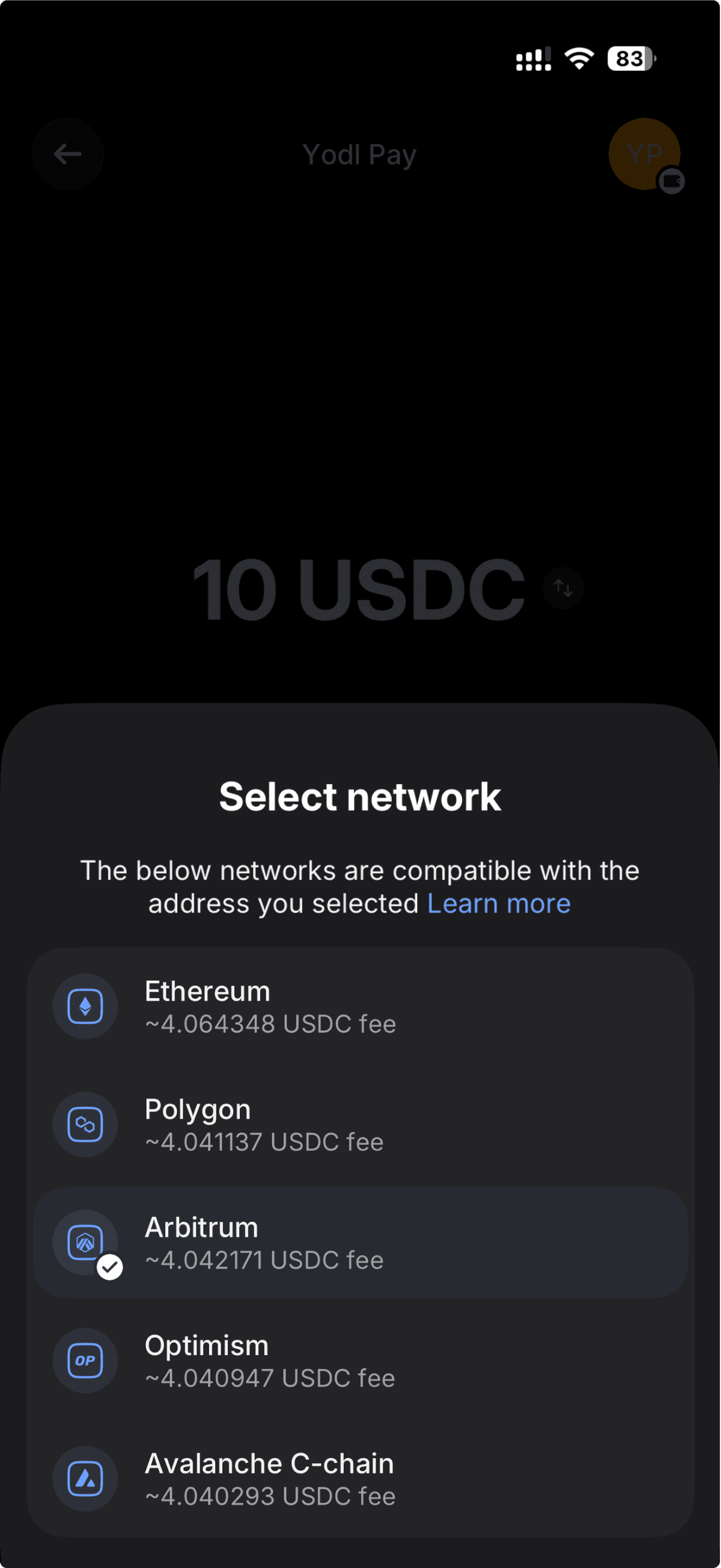 Amount entry screen showing 10 USDC