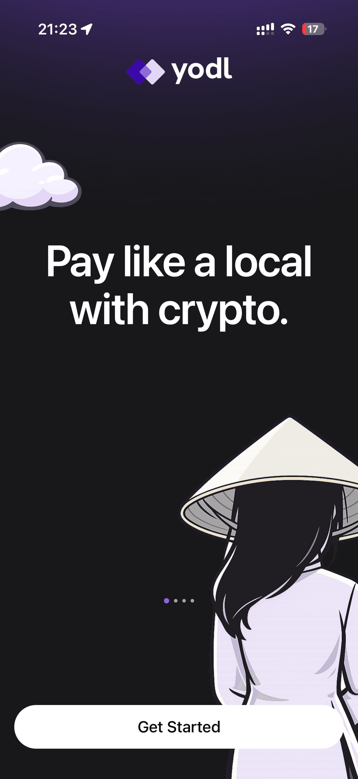 Splash screen — "Pay like a local, with crypto."