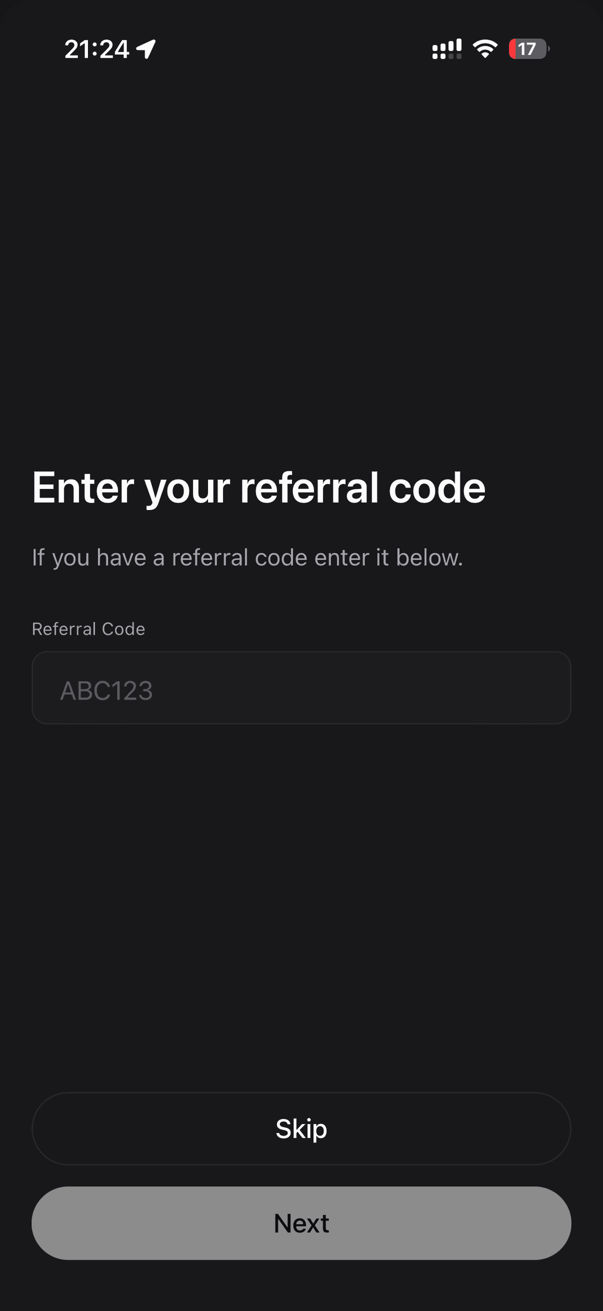 Referral code input