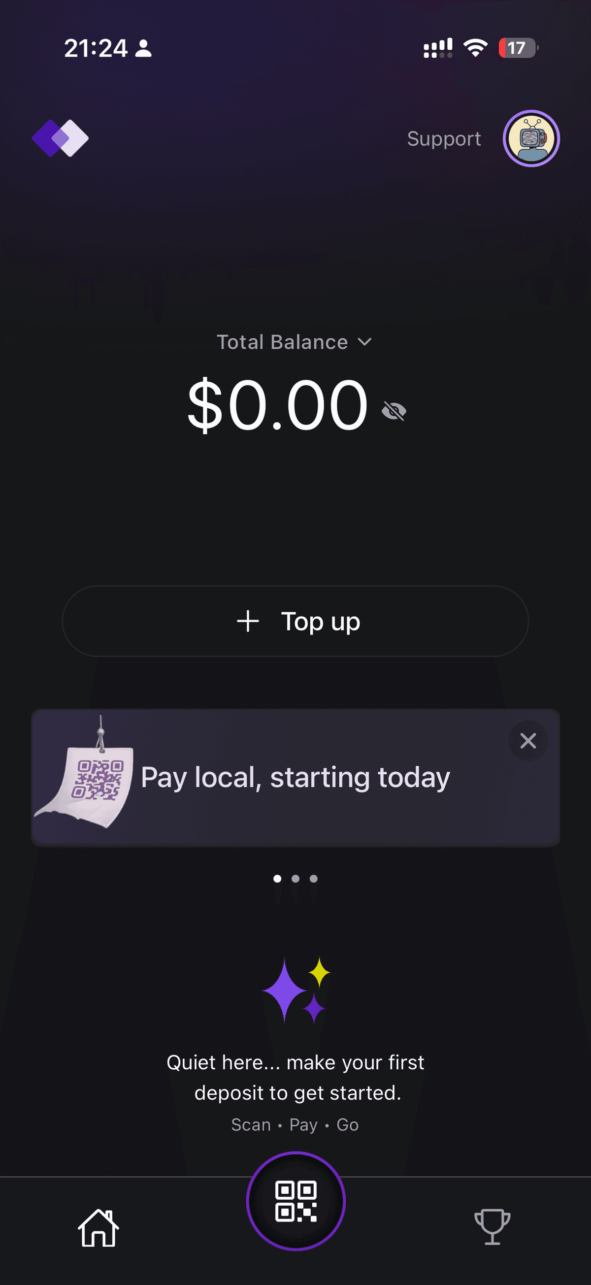 Home screen showing $0.00 balance