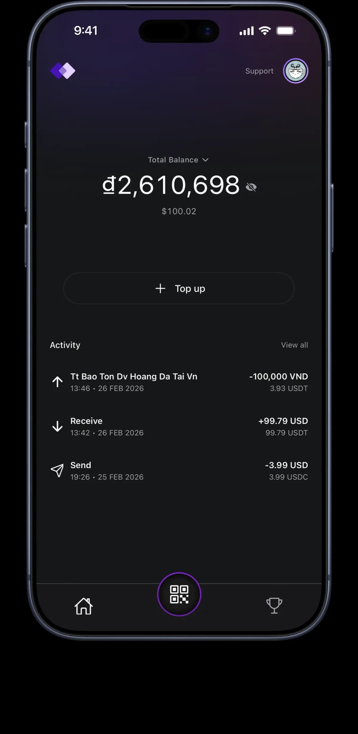 Yodl app home screen showing wallet balance