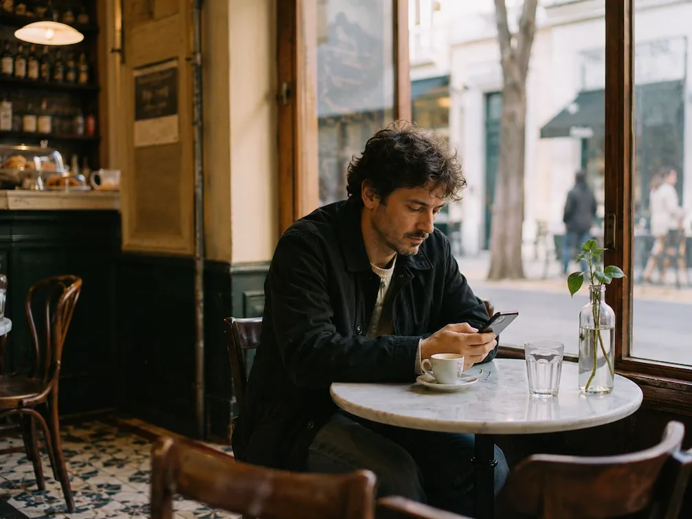 A man sits alone at a marble café table in Buenos Aires, looking at his phone beside a coffee
