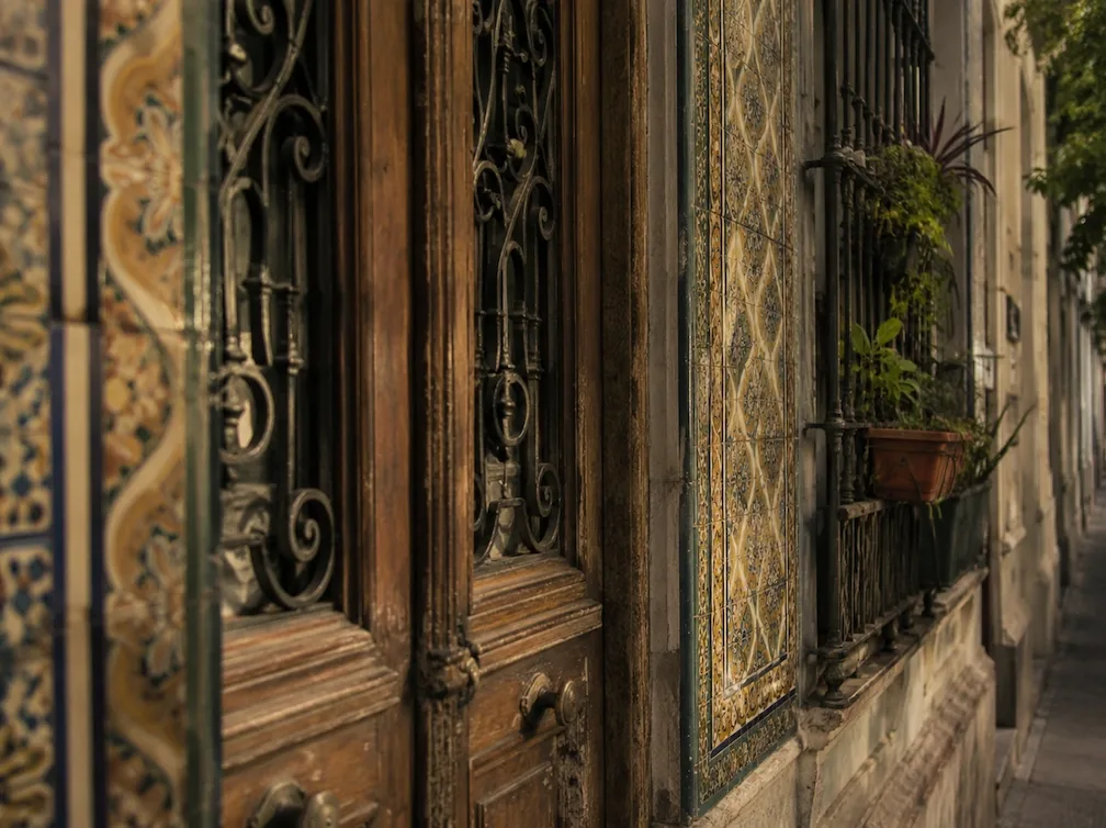 A close view of an ornate old Buenos Aires doorway with iron grillework and a potted plant