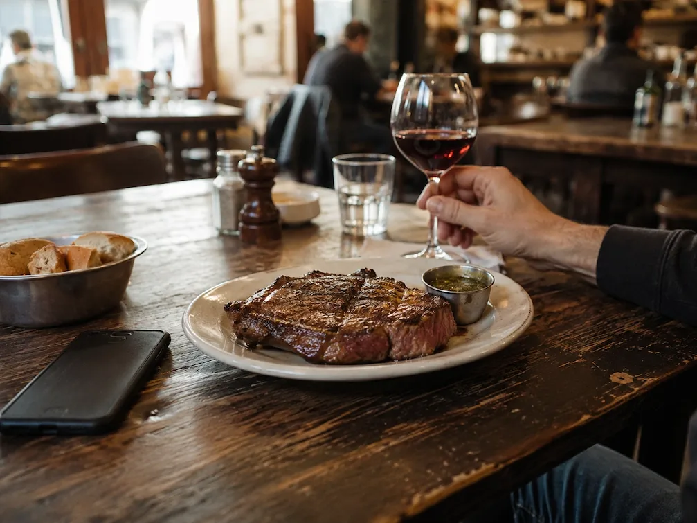 A grilled steak and a glass of red wine on a worn wooden table in a Buenos Aires parrilla, a phone resting face-down beside the plate