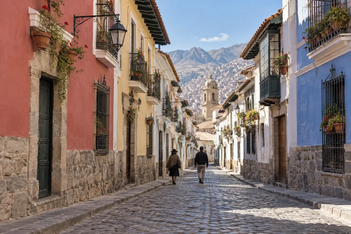 Calle Jaén's cobbles and painted colonial fronts in the center of La Paz, people walking between them