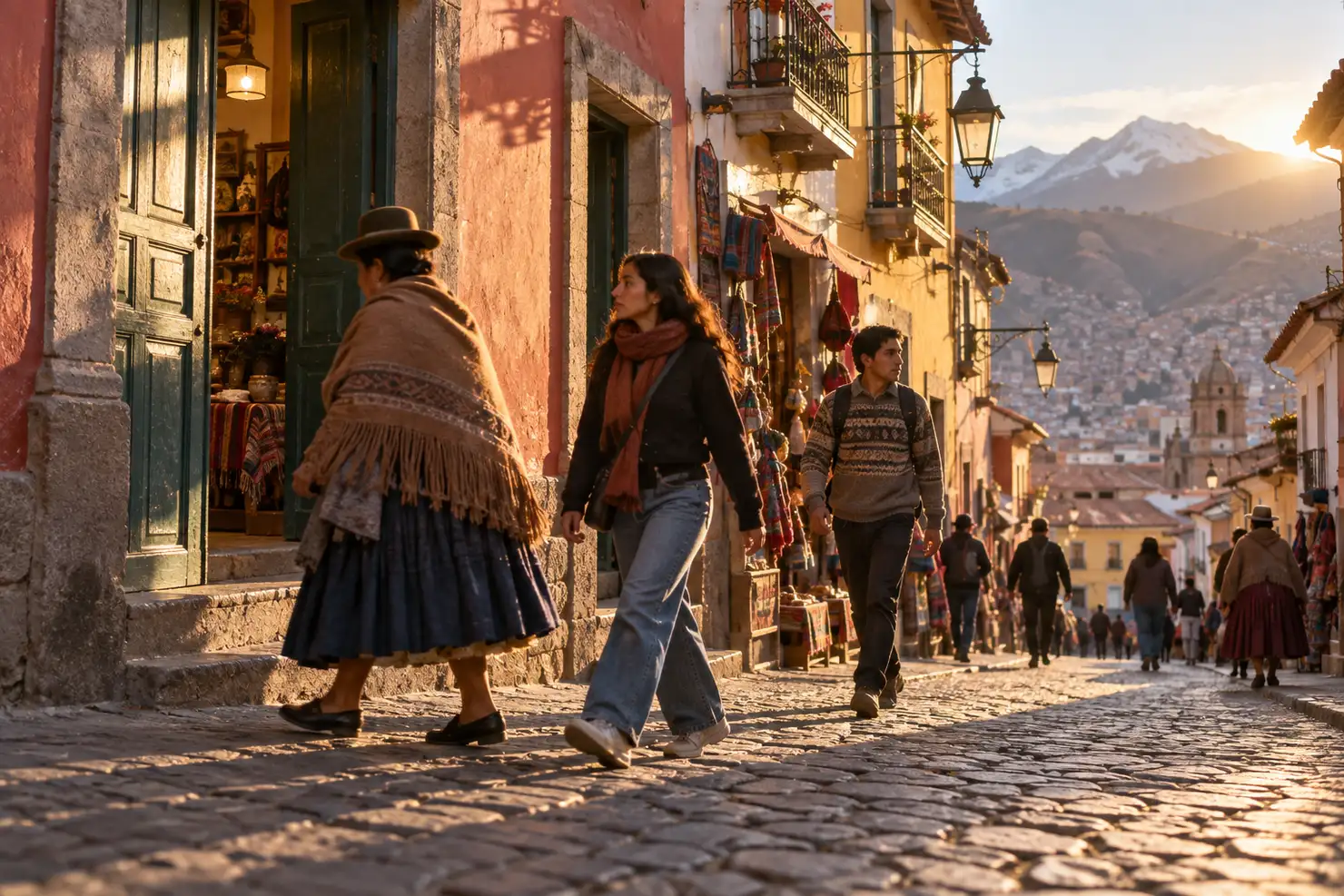 Calle Jaén at golden hour, people walking the cobbles between the painted colonial fronts