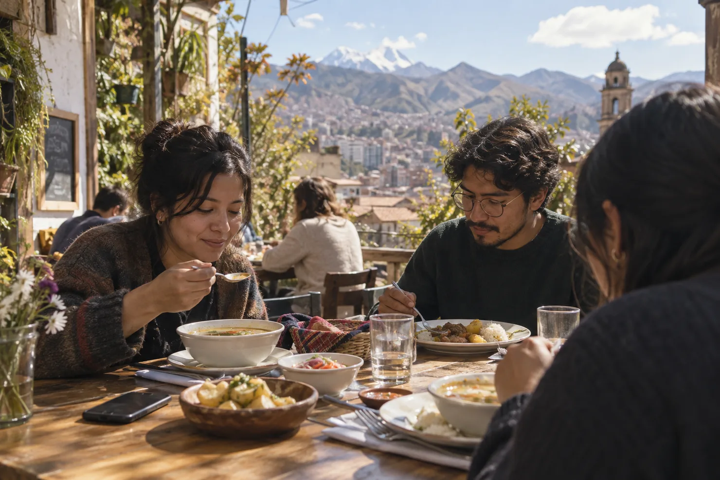 Lunch plates on a Sopocachi patio table, a phone face-down beside them