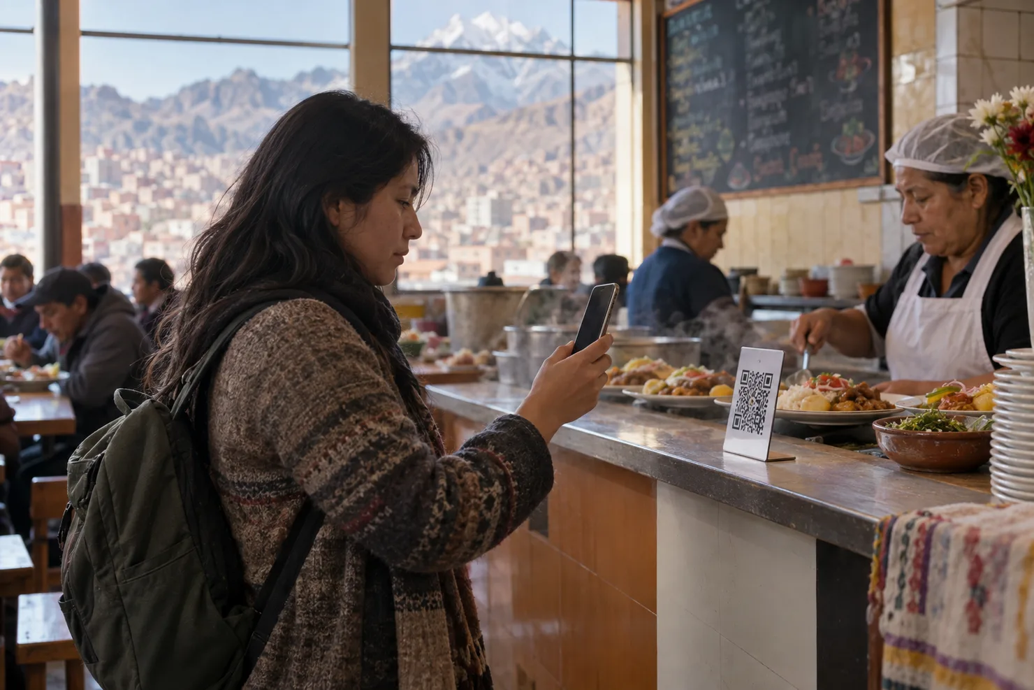 A customer raises a phone to a QR standee at an almuerzo counter in La Paz, plates and a chalkboard behind