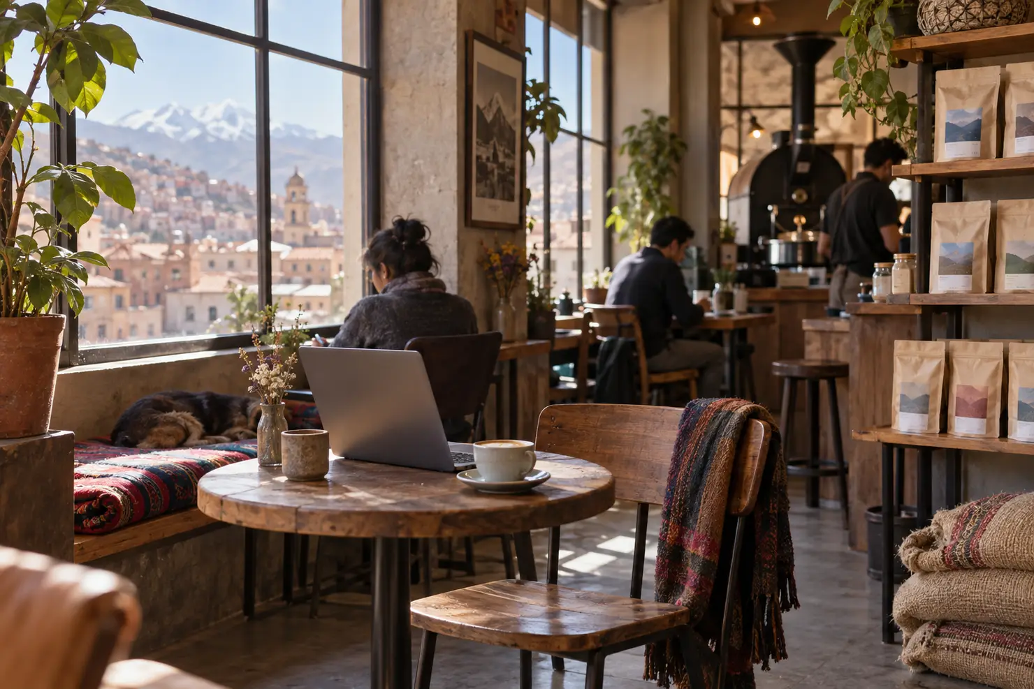 A quiet corner of a specialty café, one laptop and one cup, the roaster's shelves behind and a dog asleep on the bench