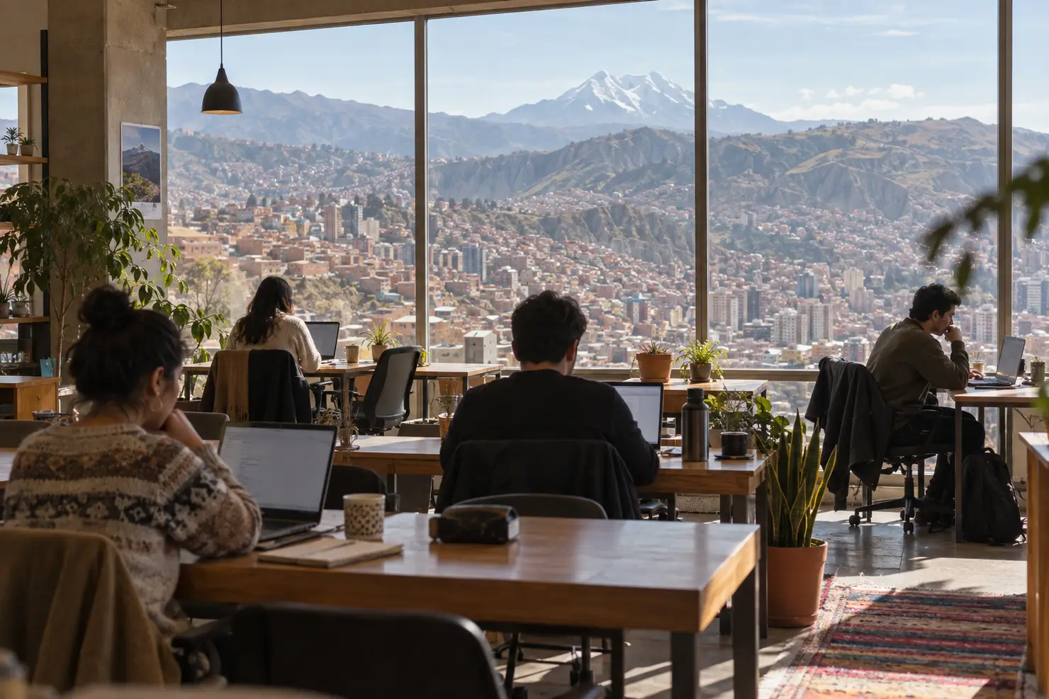 A coworking floor with a big window over the bowl of La Paz and the hills, desks in morning light