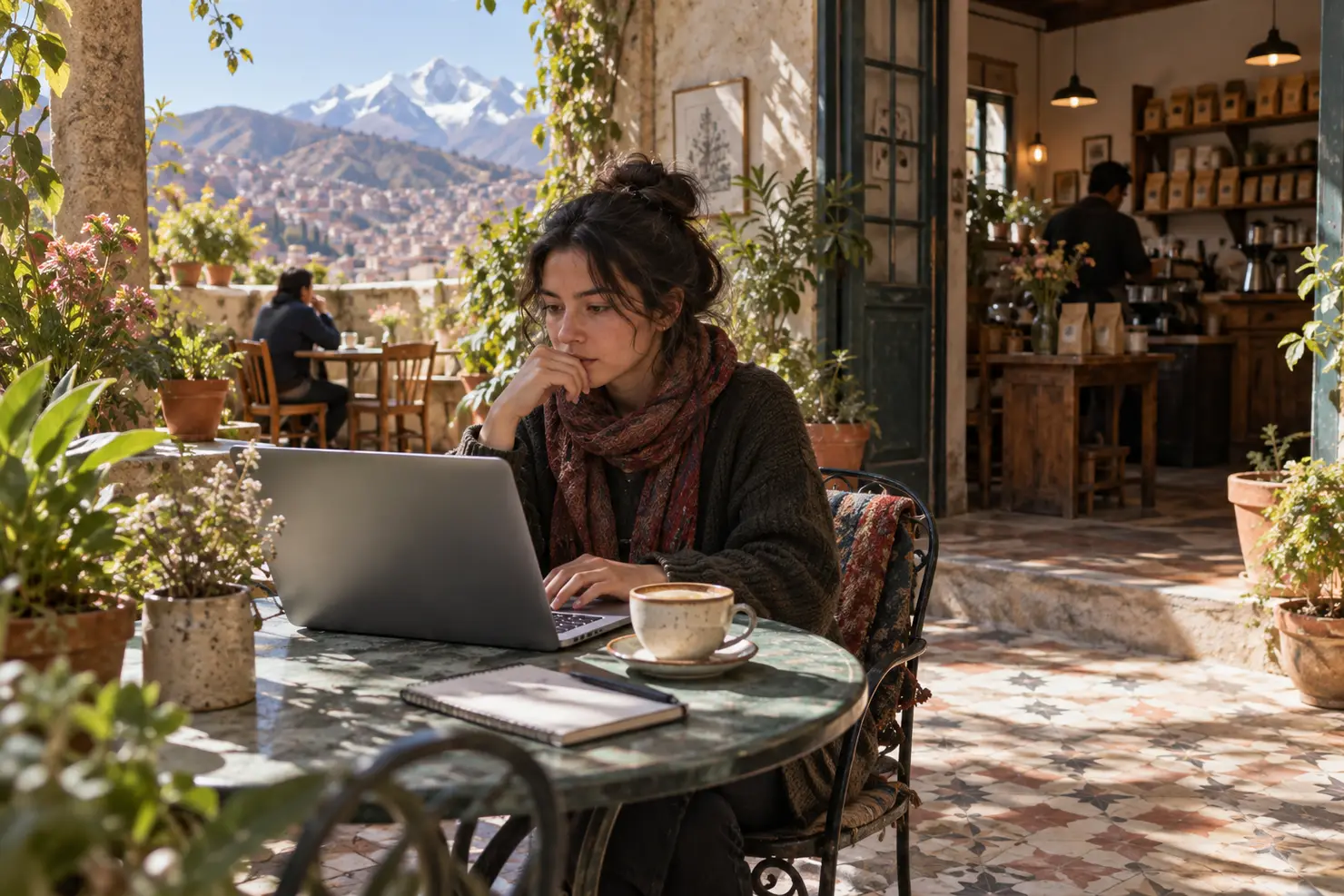 A laptop and a cup of coffee on a patio table in an old Sopocachi house turned café, morning sun on the tiles