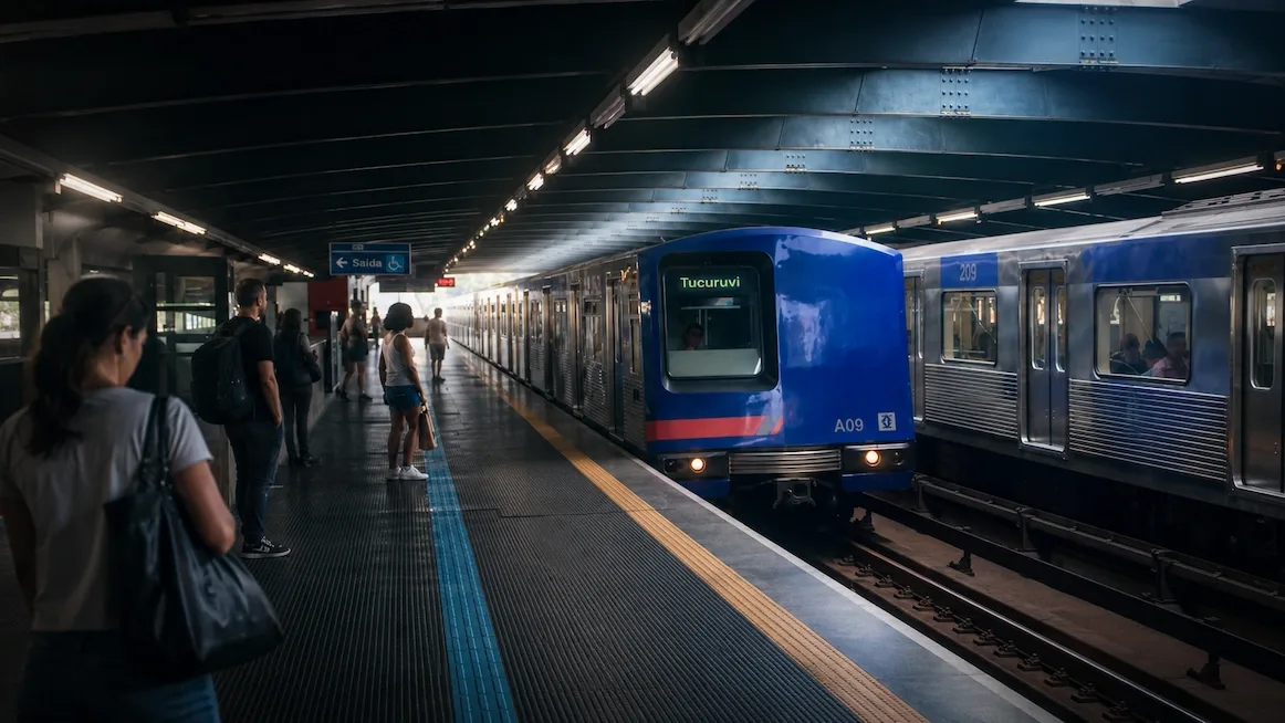 A Line 1 train arriving at a Sao Paulo Metro platform