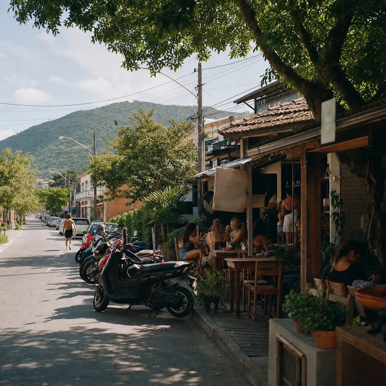 A quiet café-lined street near Lagoa da Conceição, motorbikes parked along the curb and green hills behind the rooftops