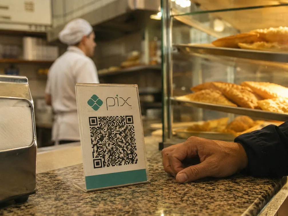 A printed Pix QR standee on a Sao Paulo padaria counter, a customer hand resting beside it