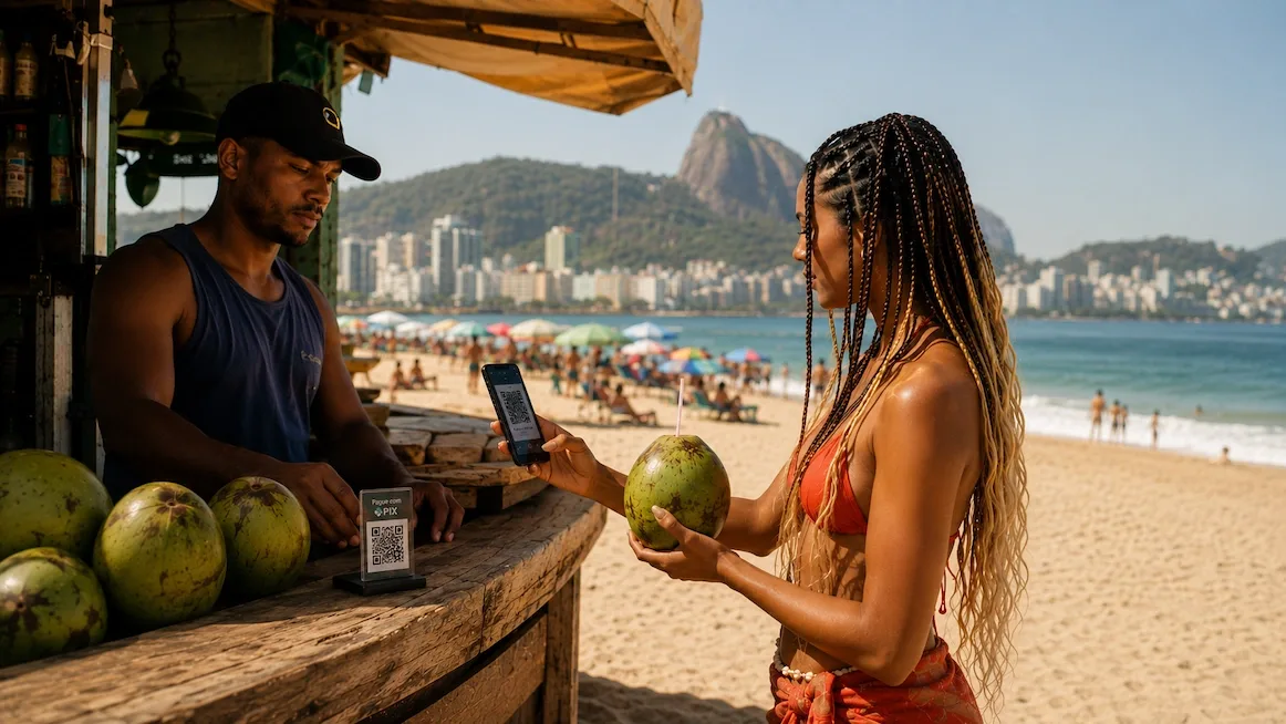 Paying for a coconut by Pix QR at a beach stand in Rio.