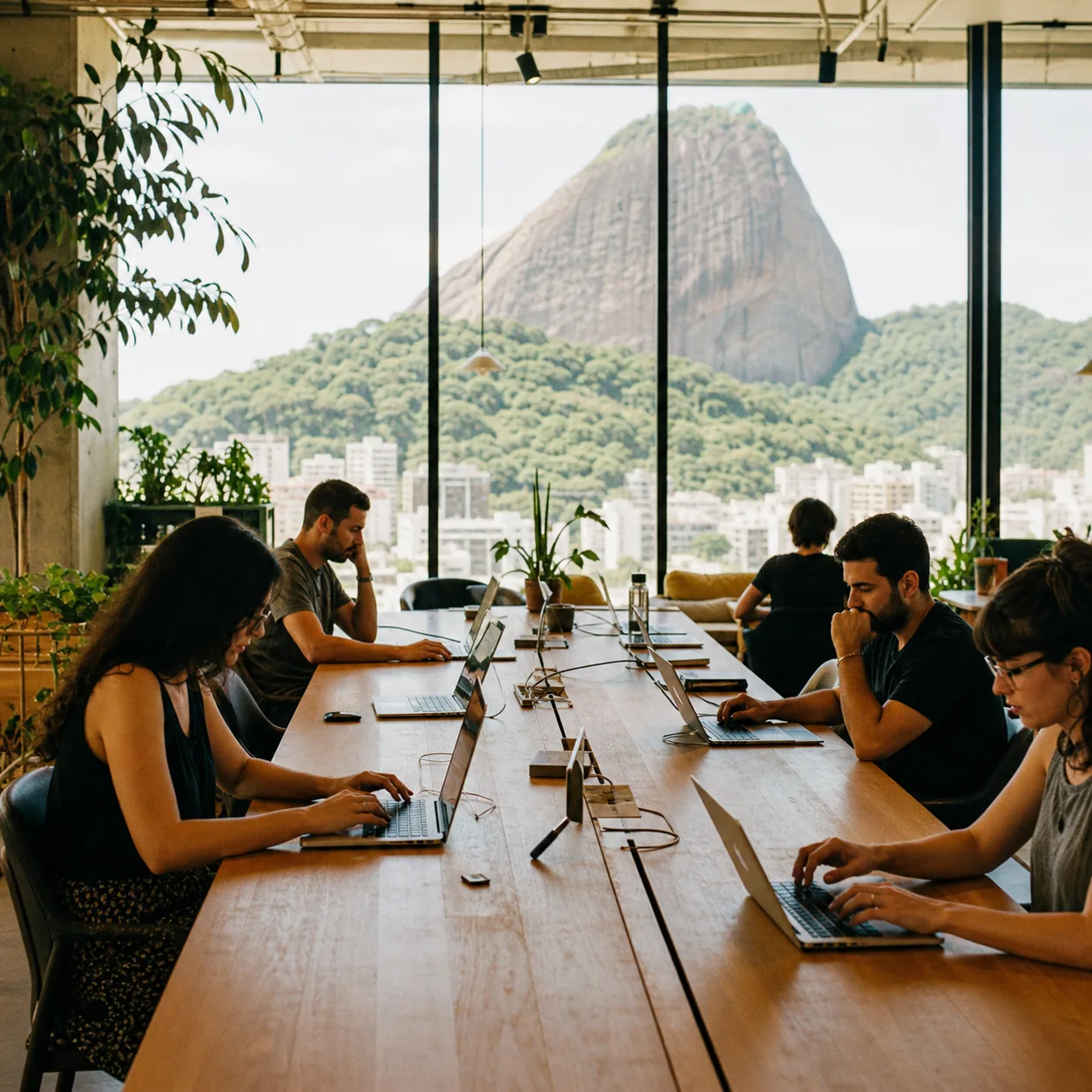 A row of laptops open on a long shared desk inside a Botafogo coworking space, floor-to-ceiling windows behind them