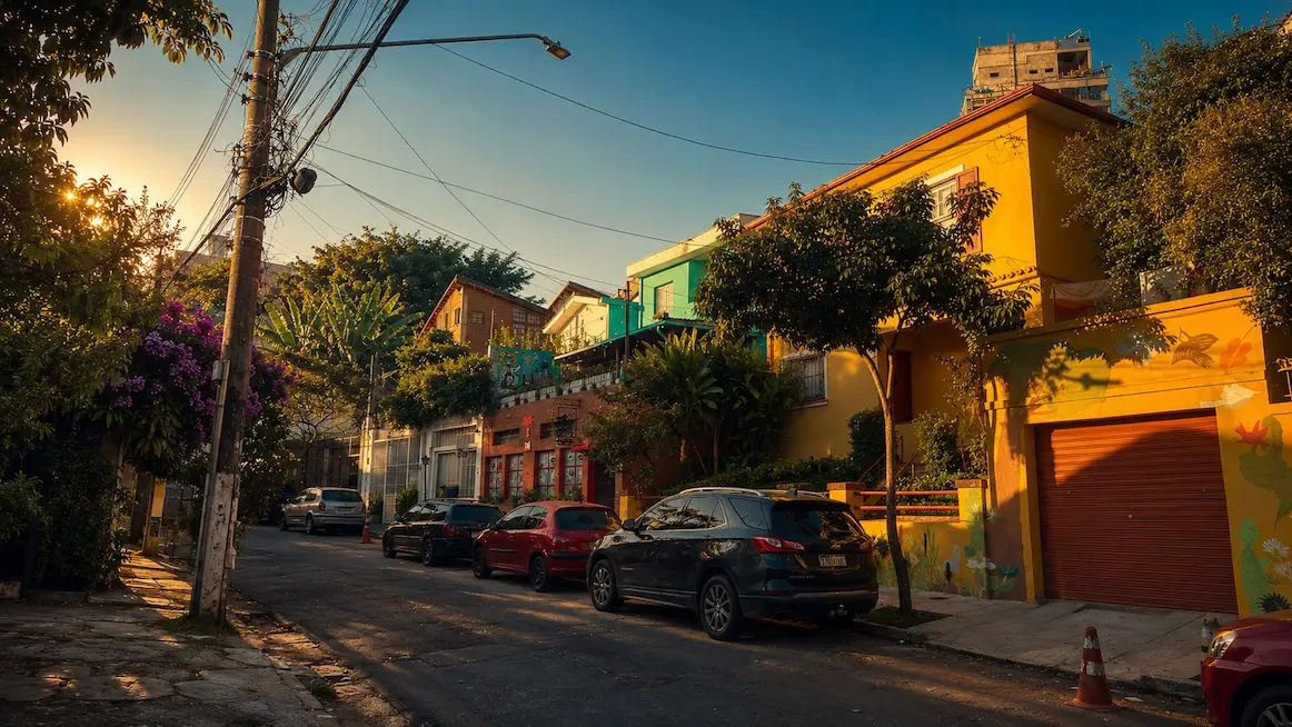 A colorful low-rise Sao Paulo street at golden hour