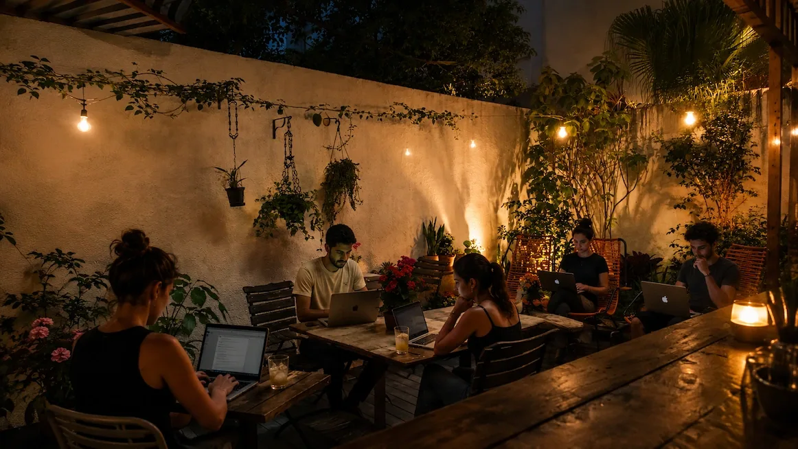 Laptops out in a plant-filled Sao Paulo courtyard cafe