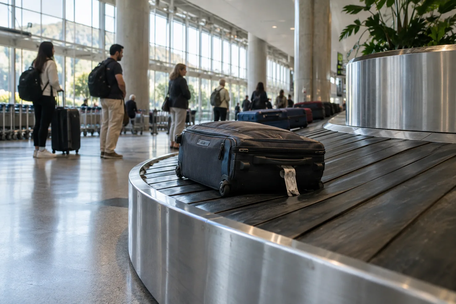 A suitcase alone on an airport baggage carousel, travelers with backpacks waiting near the tall windows behind it