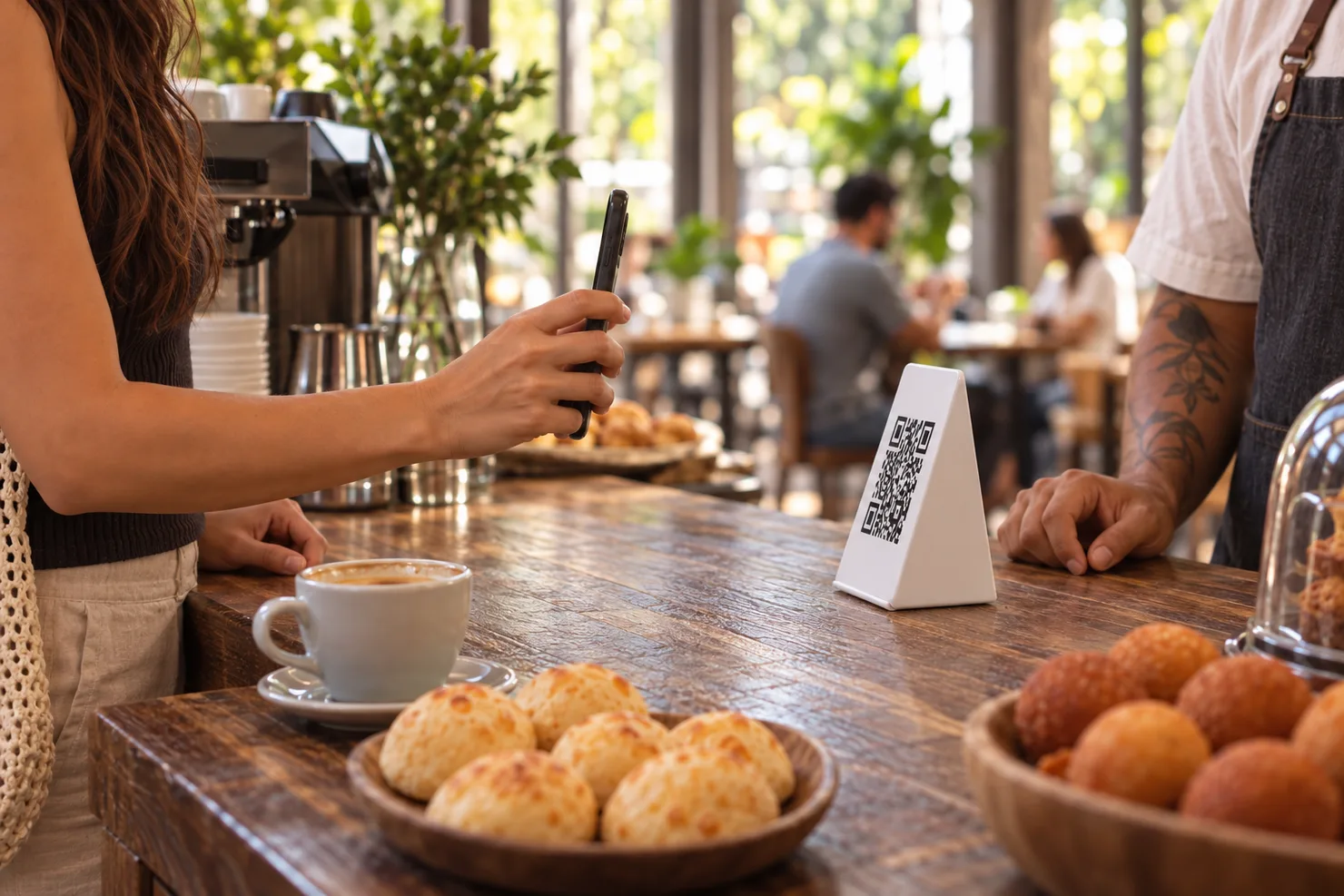 A phone held up at a café register in Medellín, seen from behind, the screen soft and unreadable