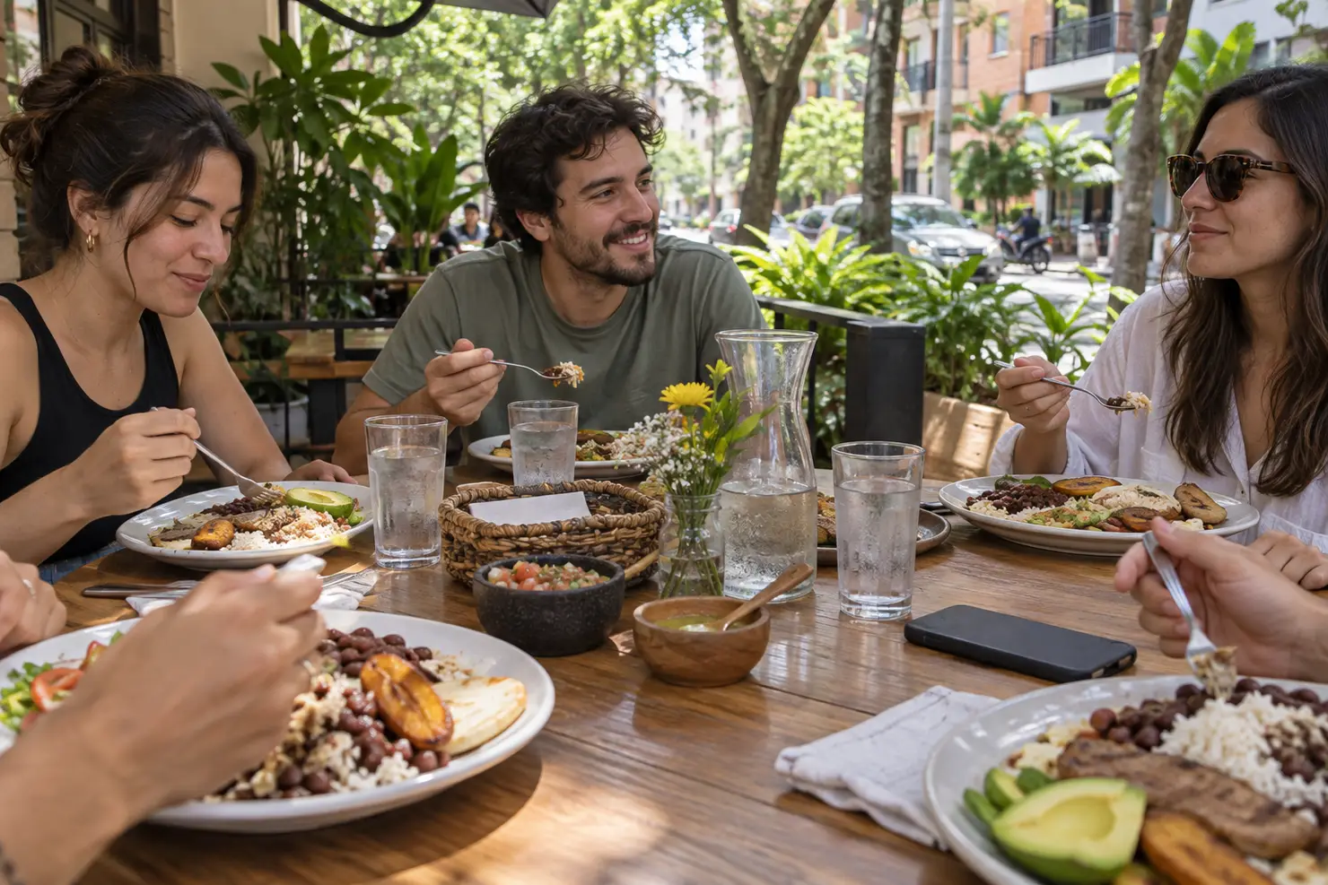 Lunch plates on a Laureles patio table, a phone face-down beside them