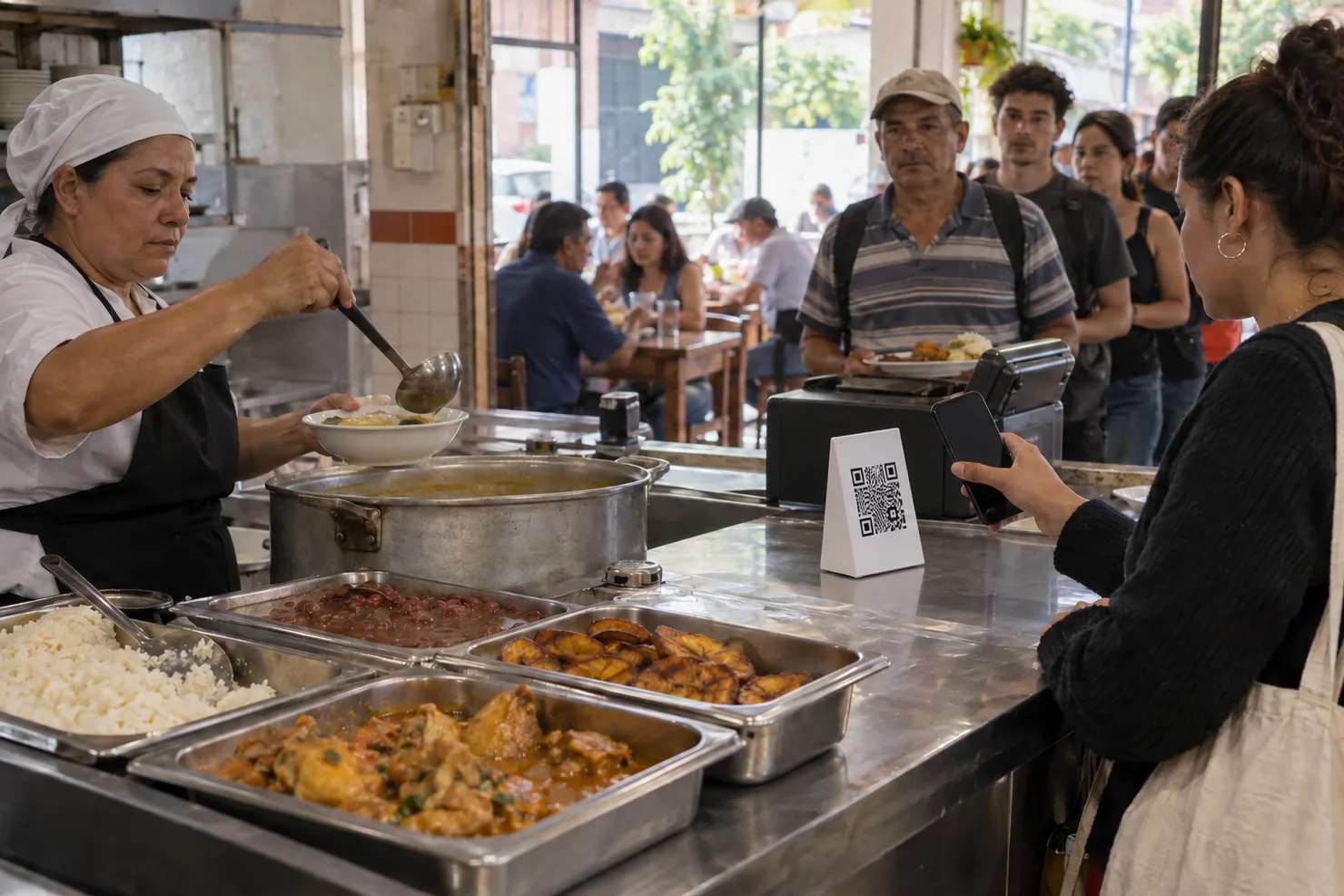 A customer raises a phone to a QR standee at a menú del día counter in Medellín, a cook ladling soup beside trays of rice, beans and plantain