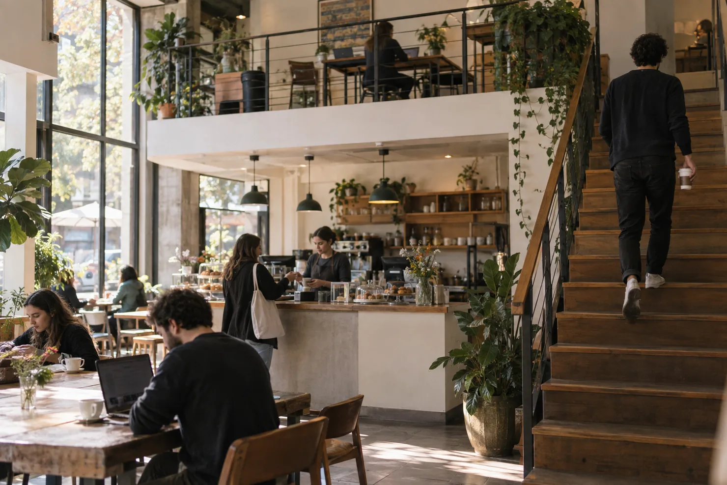 A café in Laureles with desks visible on the floor above, a laptop open at a window table in morning light