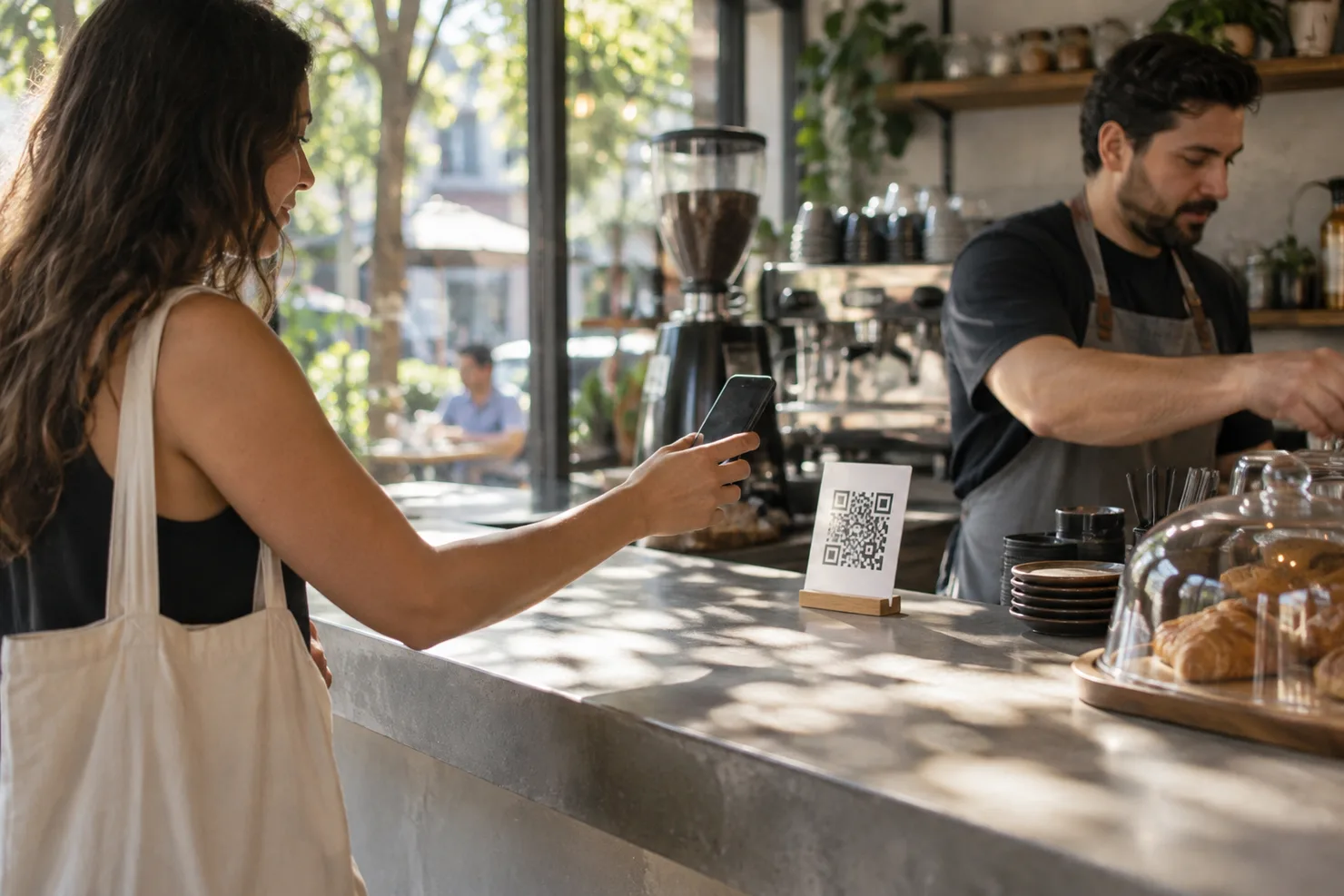 A hand raising a phone to a QR standee on a Laureles café counter, the screen turned away