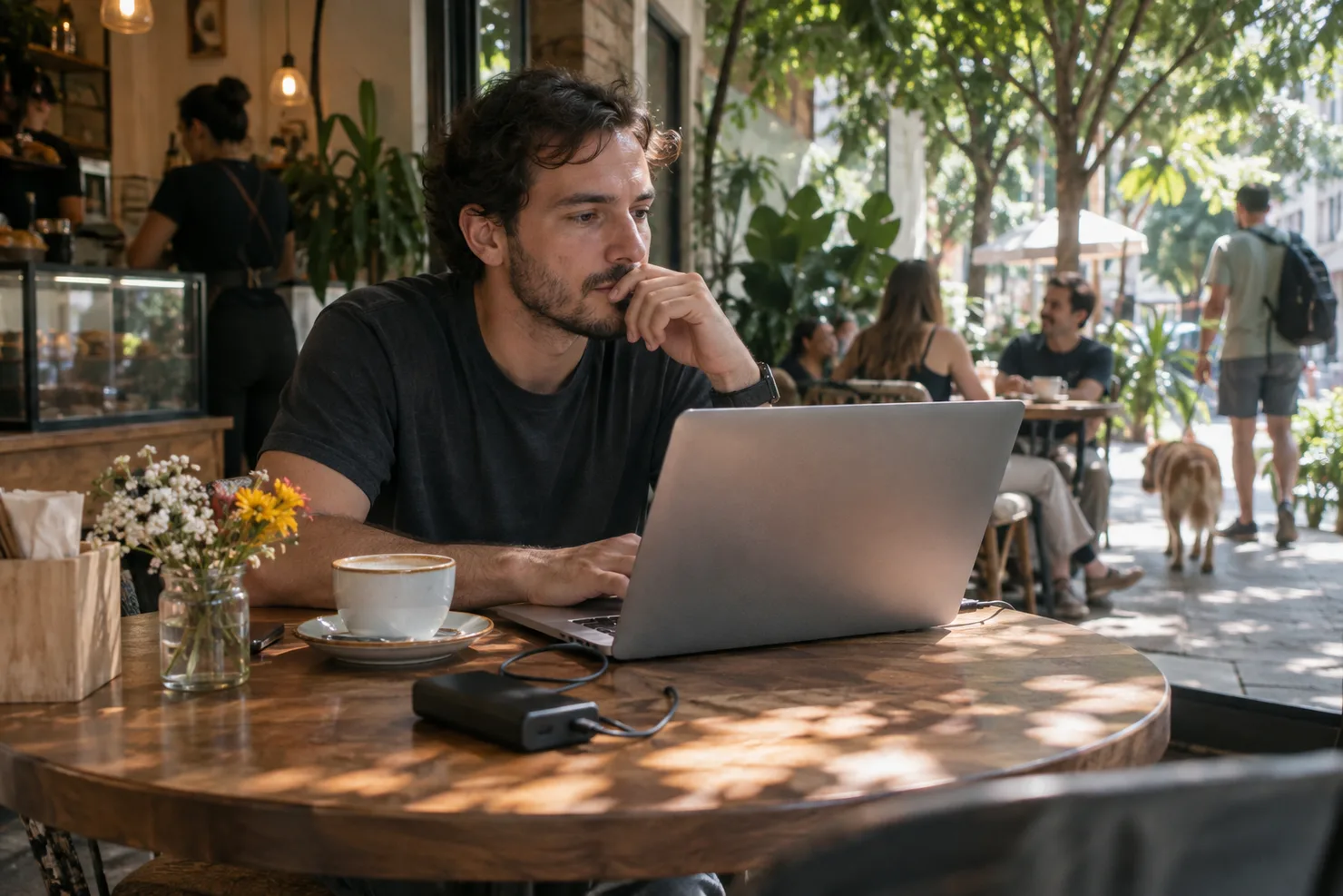 A laptop and a cup of coffee on a Laureles café table in morning light, a power bank beside the keyboard