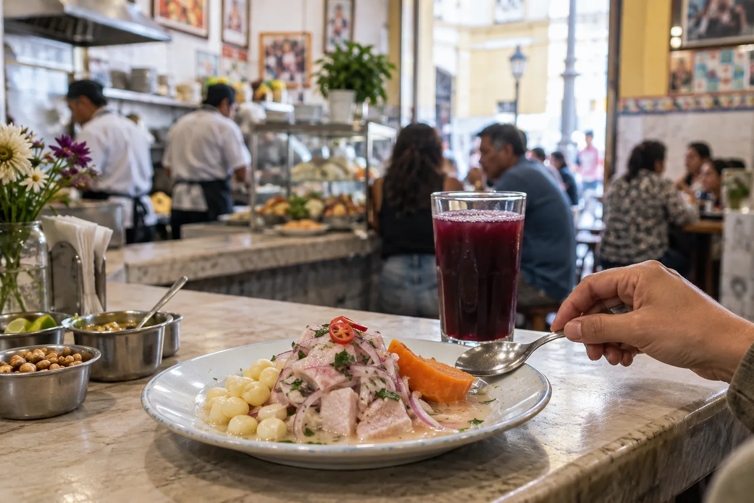 A plate of ceviche and a glass of chicha morada on a lunch-counter table, limes and cancha beside it