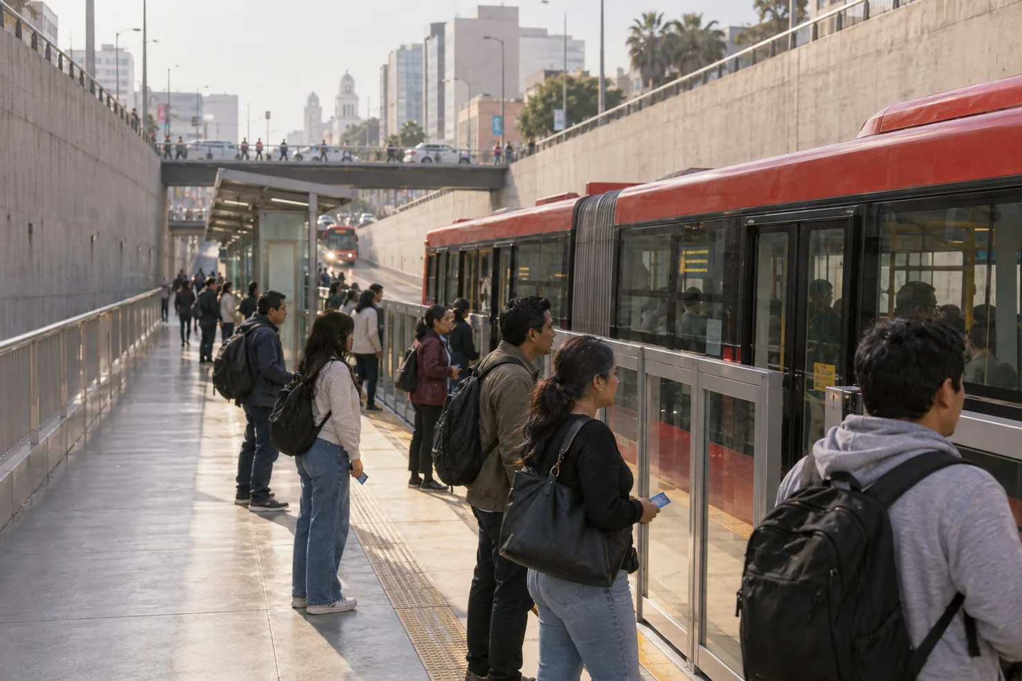 A Metropolitano bus pulling into a platform in the sunken expressway, riders waiting with cards in hand