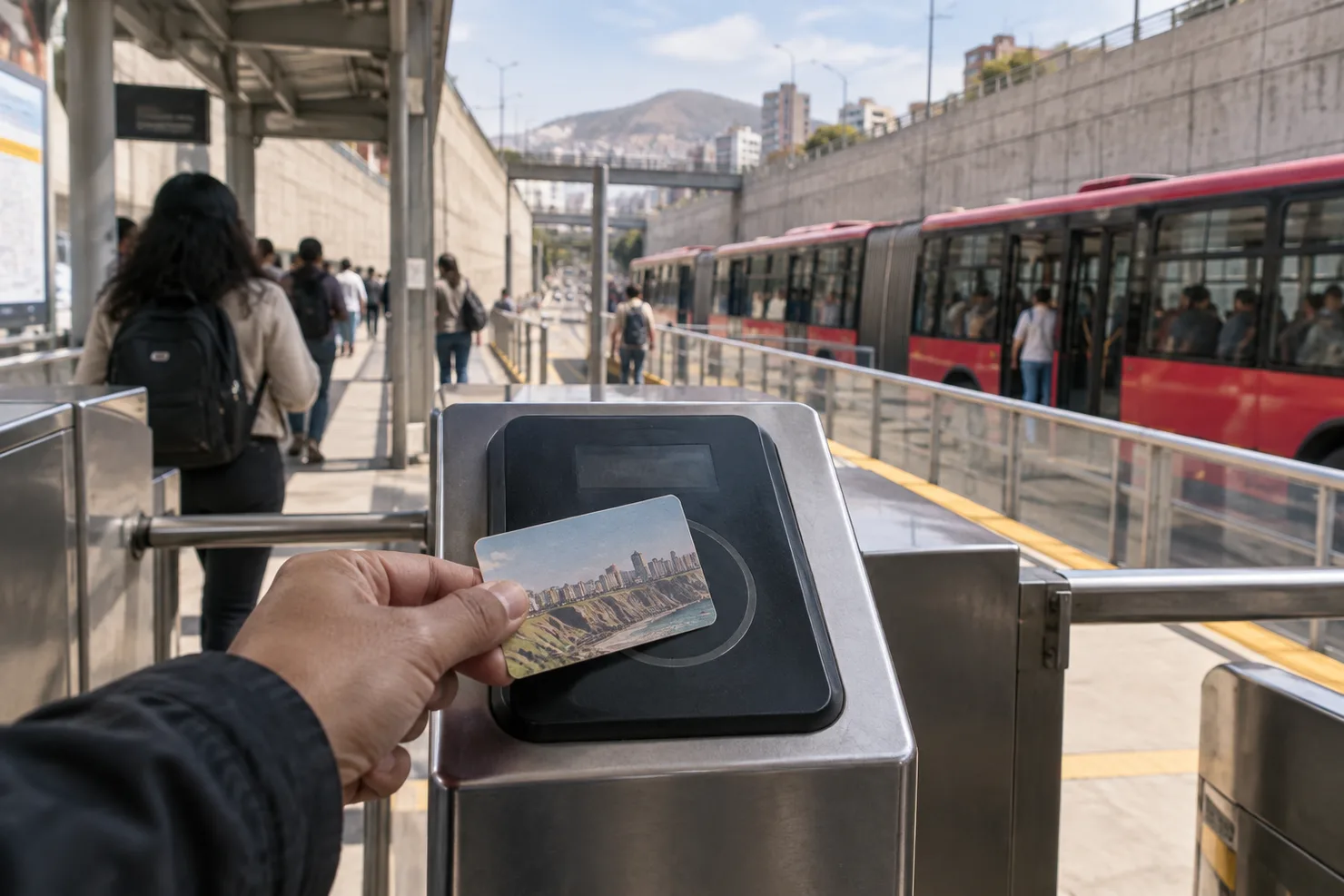 A Lima Pass card held to a Metropolitano turnstile reader, the platform and a bus behind