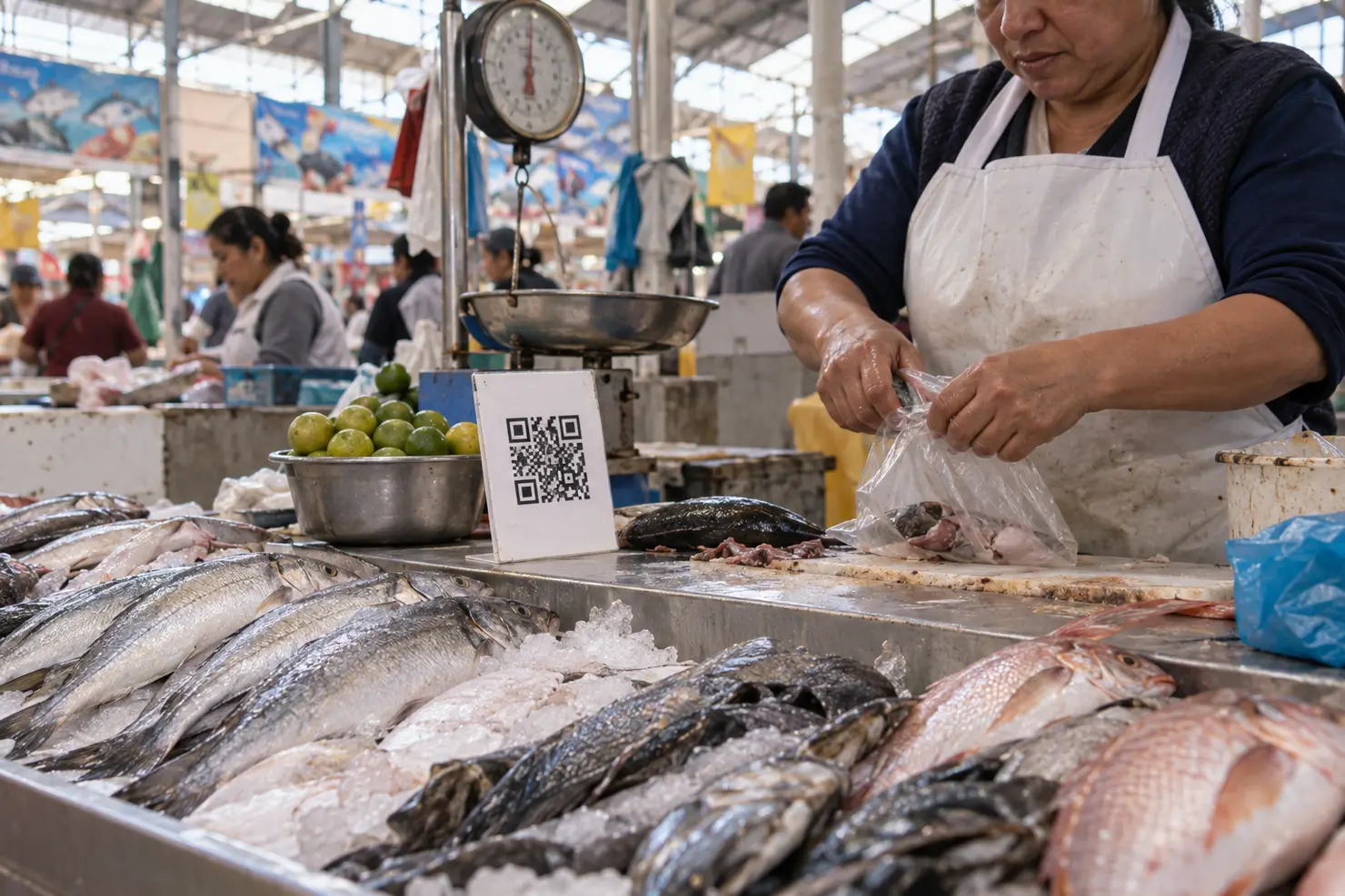 A printed QR standee on a Surquillo market stall counter, fish on ice and limes around it