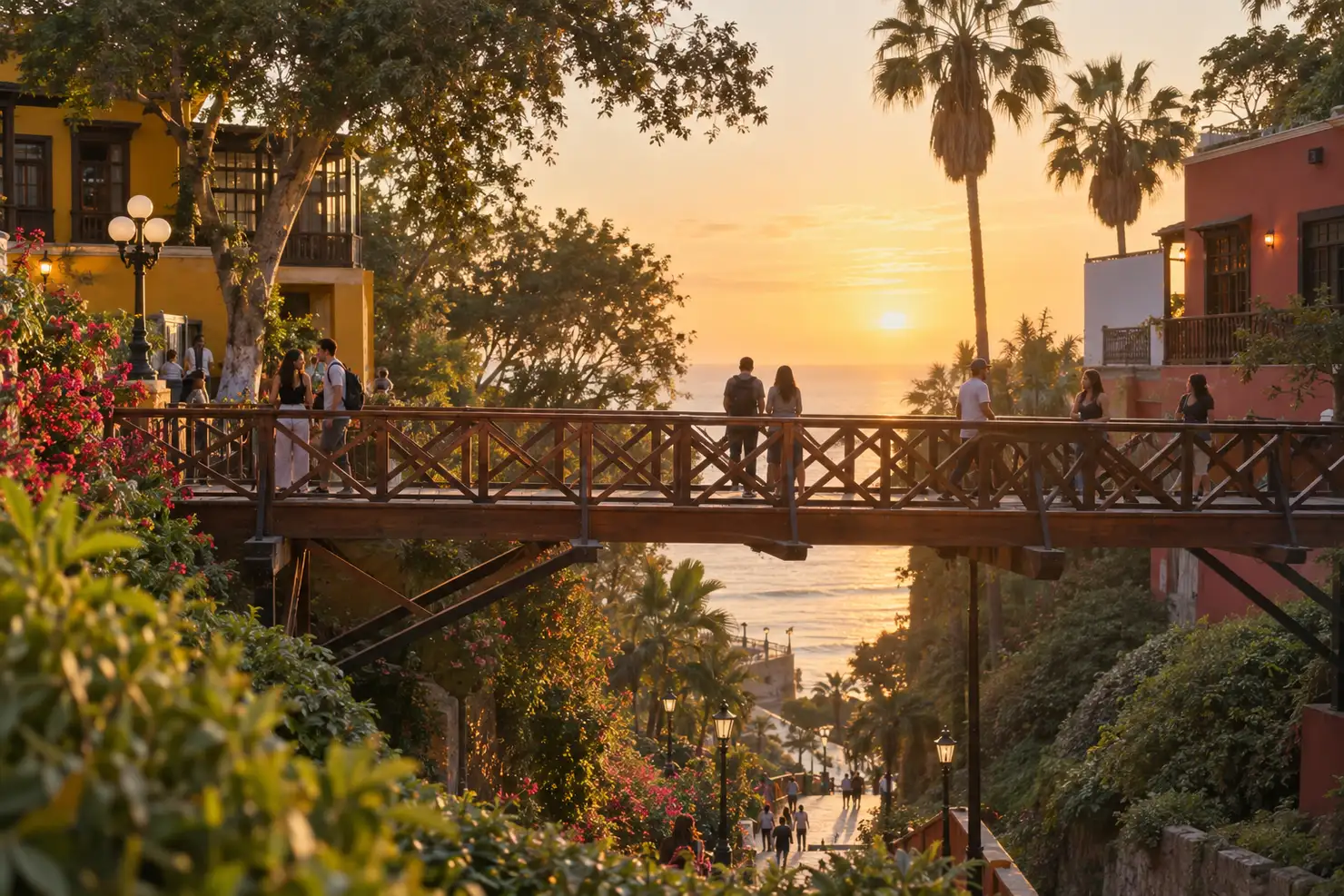The Puente de los Suspiros in Barranco at golden hour, people crossing the wooden bridge
