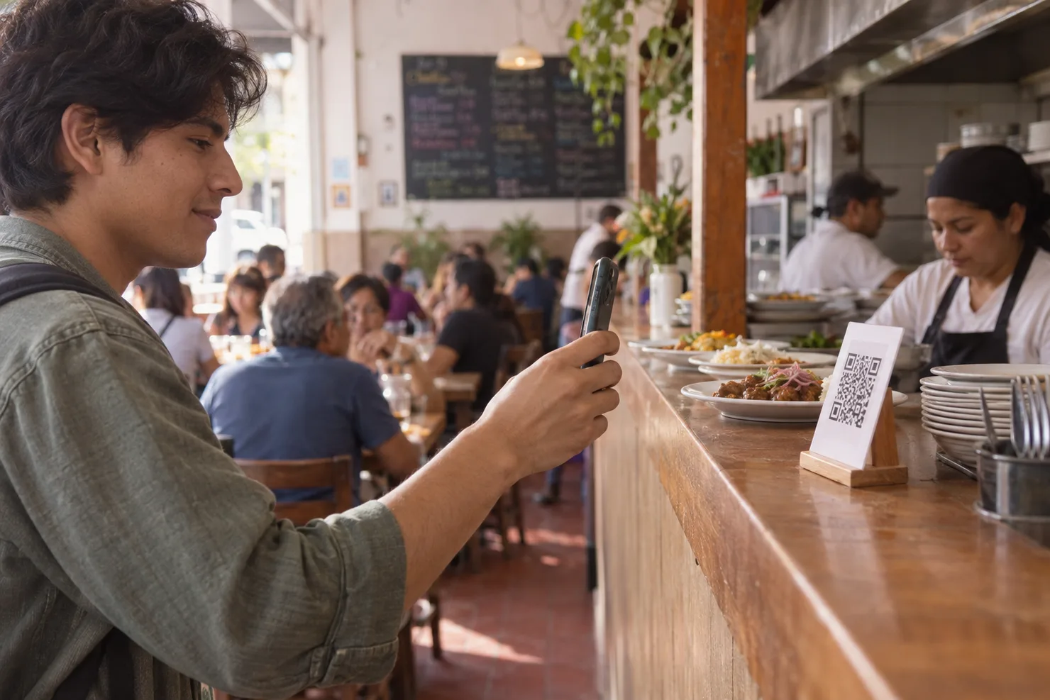 A customer raises a phone to a QR standee at a menú del día counter in Lima, plates and a chalkboard behind