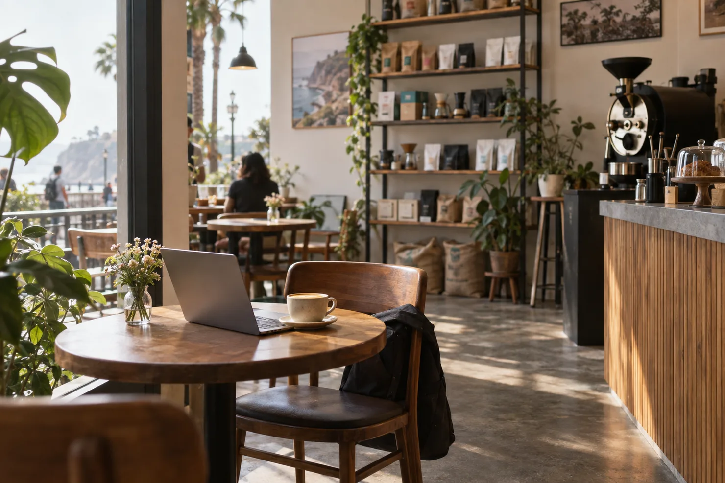 A quiet corner of a Miraflores specialty café, one laptop and one cup on the table, a roaster's shelves behind