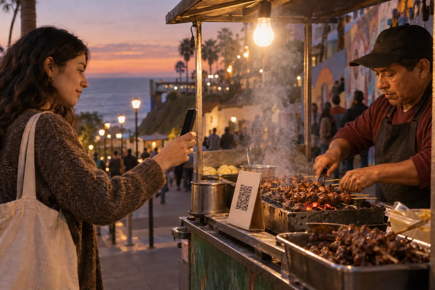 An anticucho cart at dusk on the Bajada de los Baños in Barranco, a small QR sign, a customer holding up a phone to pay
