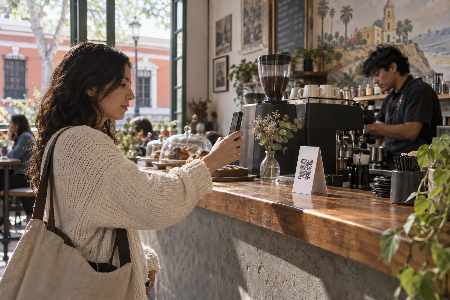 A hand raising a phone to a QR standee on a Barranco café counter, the screen turned away