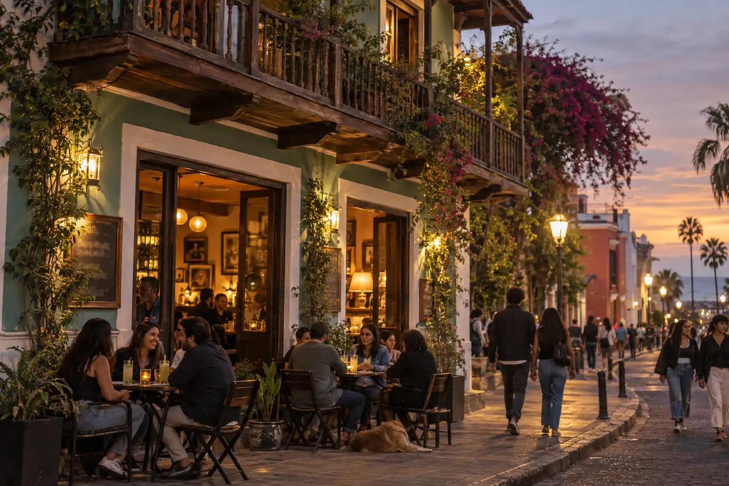 A bar frontage on a Barranco street at dusk, a colonial balcony with bougainvillea above it, people at sidewalk tables with a dog asleep beside them, others walking past, and the sea and palms at the end of the street.