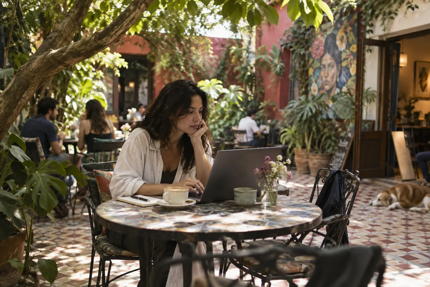 A laptop and a cup of coffee on a garden café table in Barranco, morning light through the leaves