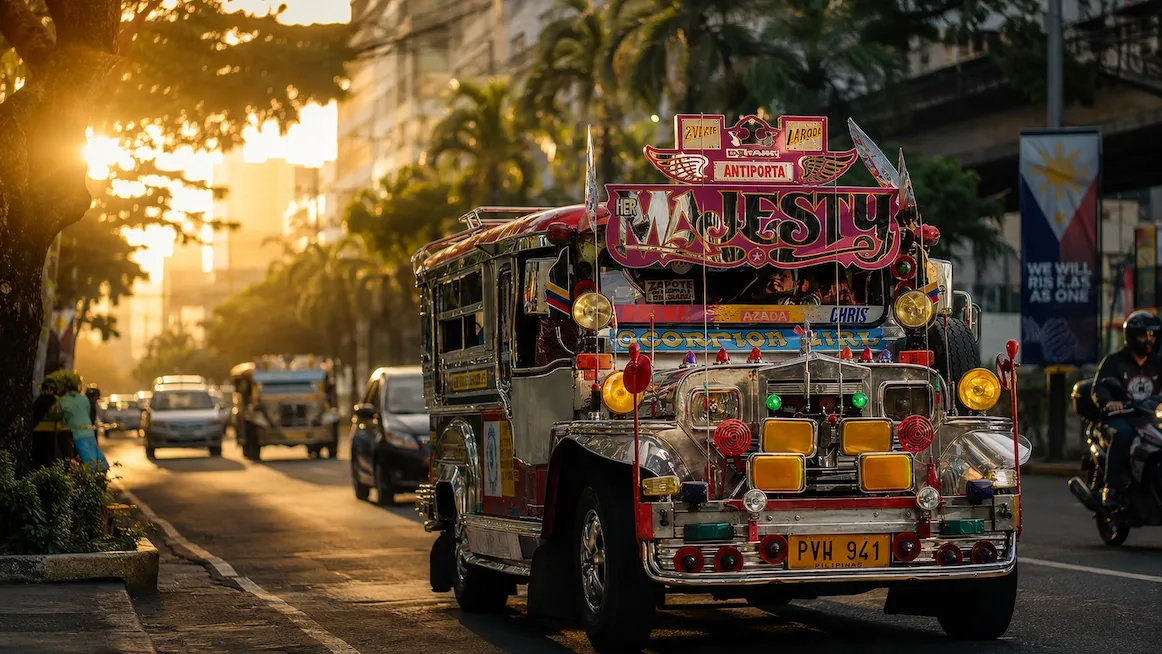 A decorated jeepney rolling through golden-hour Manila