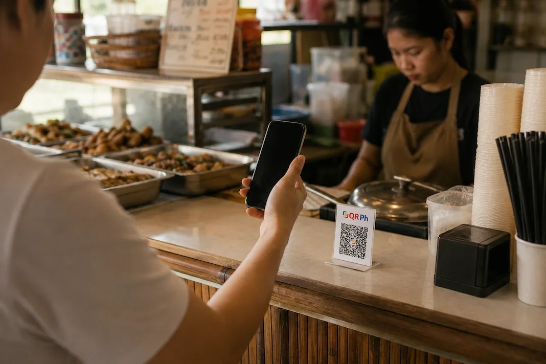 A customer raises a phone to a QR-code standee on the counter of a Manila carinderia, trays of stewed dishes and a cashier behind