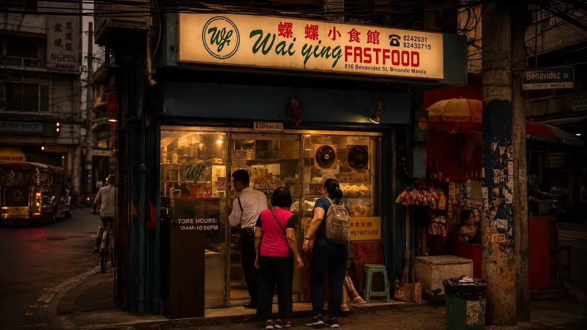 The lit corner storefront of Wai Ying Fastfood in Binondo at dusk, its Chinese-and-English signboard above a window counter where a small line waits to order, a jeepney passing on the street behind.