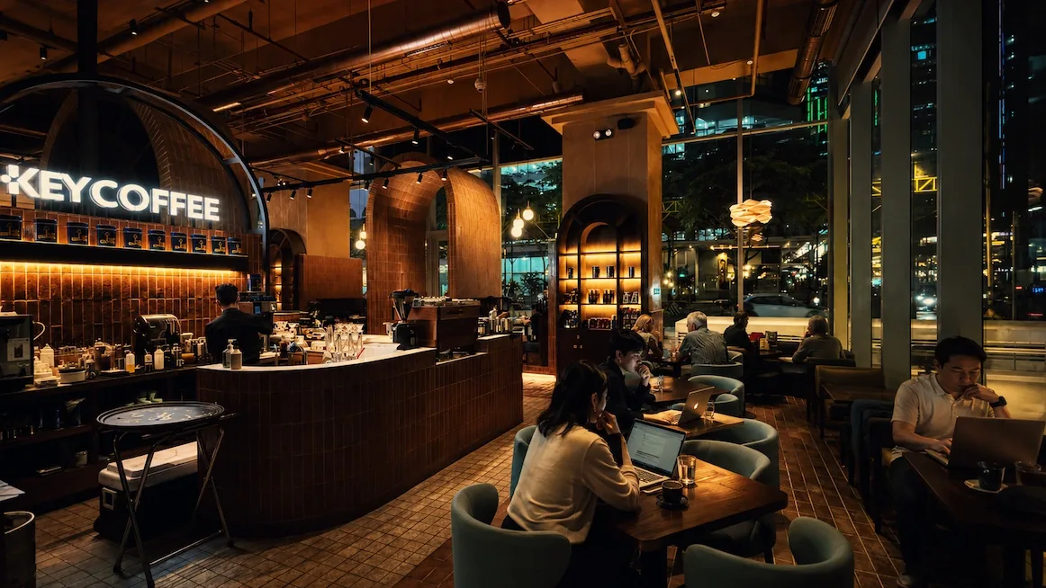 A BGC specialty cafe at night, laptops open