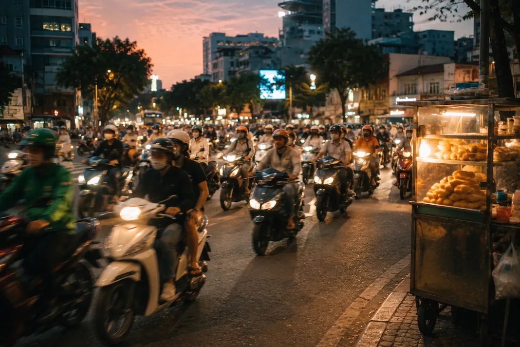 The evening motorbike river streams through a Ho Chi Minh City intersection at dusk, a lit street-food cart glowing at the curb