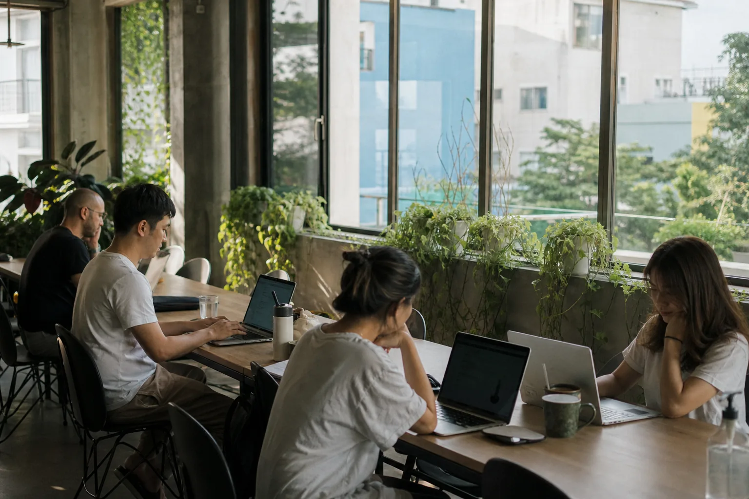 A row of laptops open at shared desks inside a coworking space in Da Nang, floor-to-ceiling windows behind them