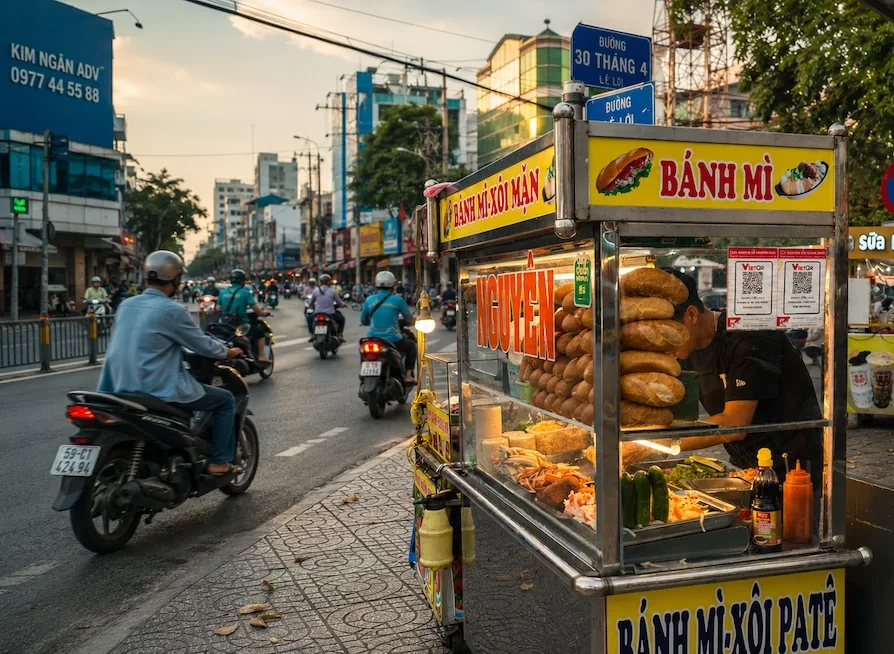 A bánh mì cart on a busy Saigon street at dusk, a payment QR code posted on the glass