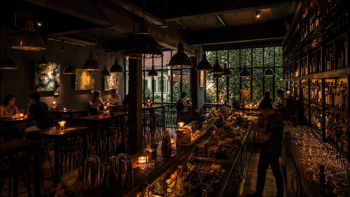 A dim, candlelit cocktail bar — a long counter laid with fruit, jars, and glassware, a bartender at work, industrial dome pendants overhead, and a wall of backlit bottles beside high tables of guests.